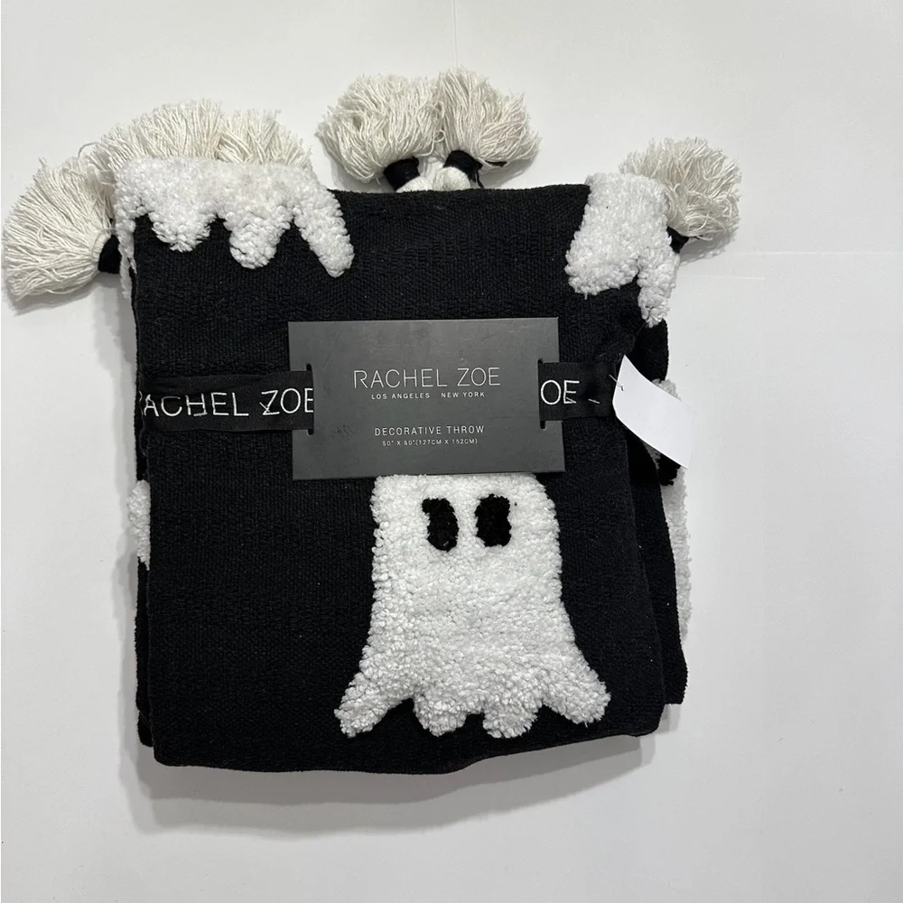 NWT Rachel Zoe Halloween Throw Blanket Black Tufted Ghosts Tassel Cottagecore